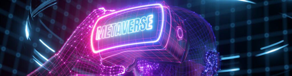 Virtual person in neon colors wearing a VR headset that says Metaverse on the front.