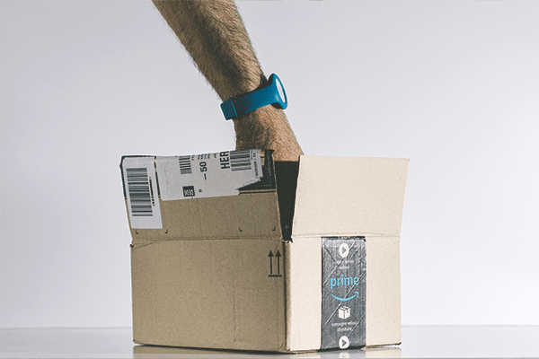 Hand reaching inside Amazon Prime shipment box.
