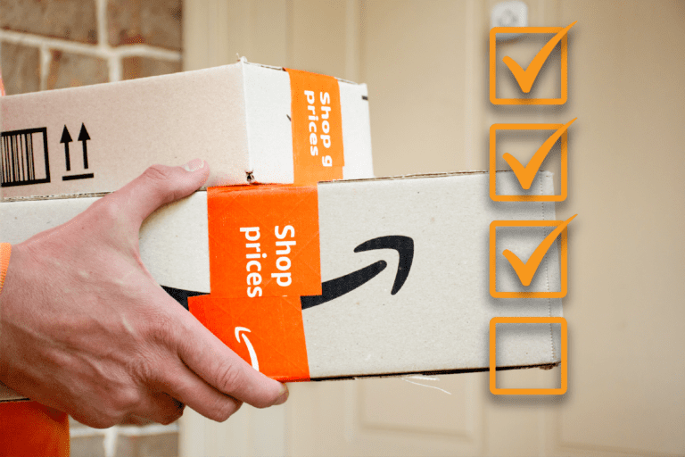 Person holding Amazon boxes with checklist to the right.