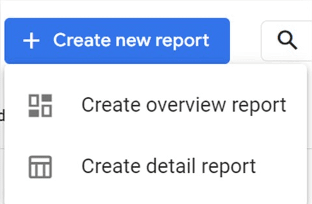 Screenshot of the Create new report button in GA4.