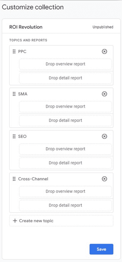 Screenshot of how to drag and drop reports into your collection design in GA4.