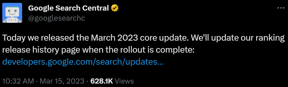 Tweet from Google Search Console announcing a March 2023 algorithm update.
