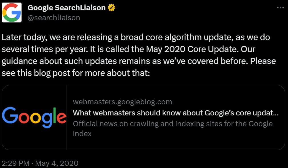 Tweet from Google Search Liaison about releasing a broad core algorithm update in May 2020.