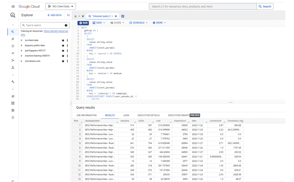 Screenshot of Google BIgQuery data in Google Cloud from GA4.