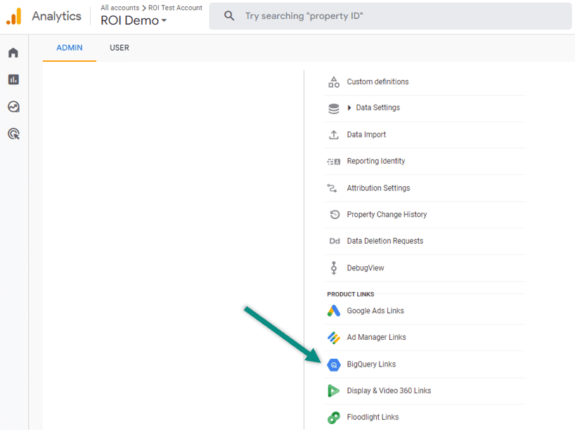 Screenshot of BigQuery links in Google Analytics.