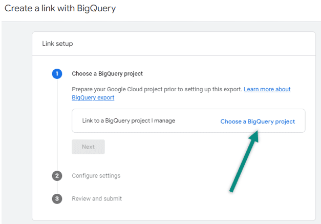 Screenshot of Choose a BigQuery Project button in GA4.