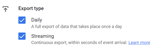 Screenshot of selecting Daily and Streaming export types in GA4.