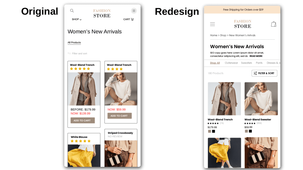 Screenshot of two mobile phones side by side, left is an original mobile ecommerce site design and right is a redesign of the page.