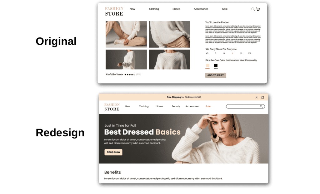 Screenshot of an original fashion ecommerce website homepage, then a redesigned version of the page.