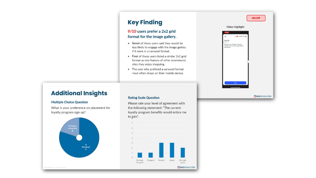 Screenshot of user test findings from UX strategy research conducted for a brand by ROI Revolution.