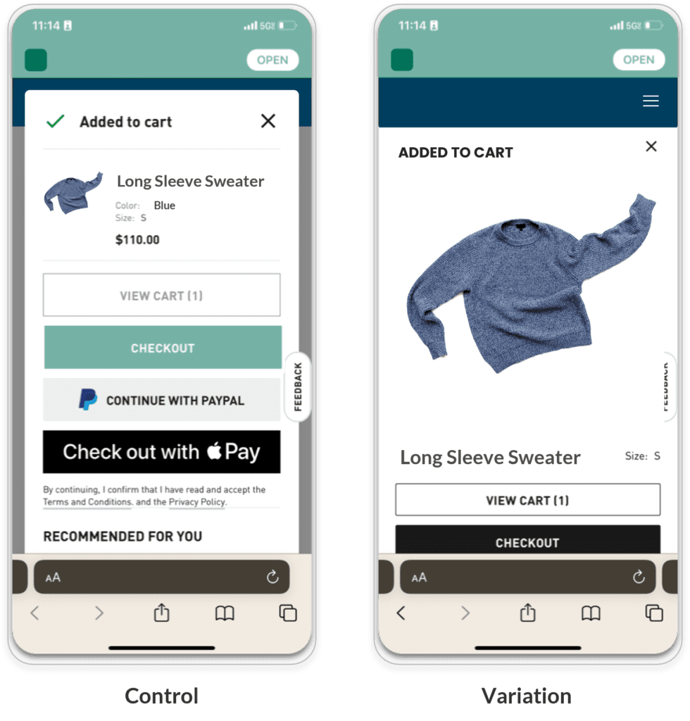 Example of mobile A/B test for an apparel brand.
