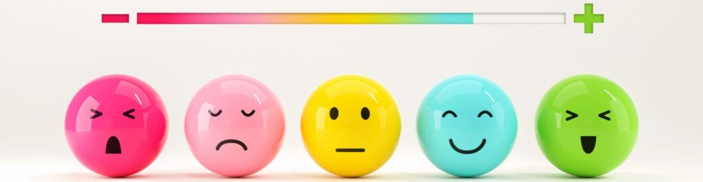 Customer choose emoji emoticons happy mood on emotions satisfaction meter, evaluation, Increase rating, Satisfaction and best excellent services rating concept, Feedback concept design, 3d render.