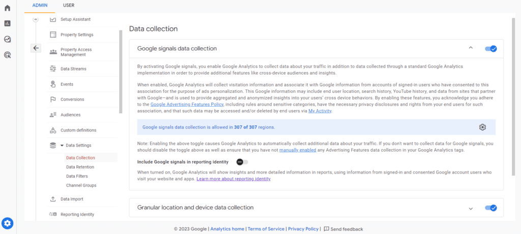 Screenshot about Data Collection in Google Signals.