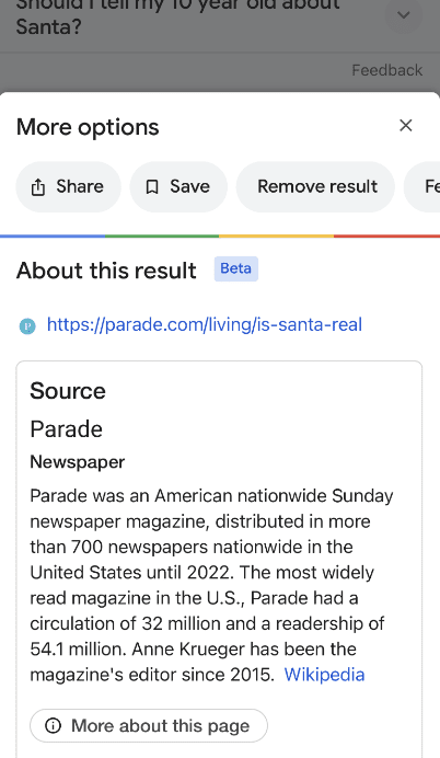 Mobile screenshot about whether Santa is real from Parade newspaper.