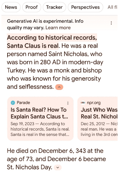 Generative AI screenshot on a mobile SERP about Santa being real according to historical records.