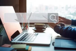 Searching and big data concepts with male hand using smart phone with search engine icon sign.Business information.global network system