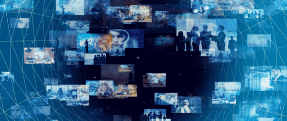 Multiple images shown on screen with blue background