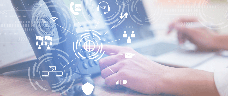 Hand dialing phone with offline conversion tracking icons hovering above