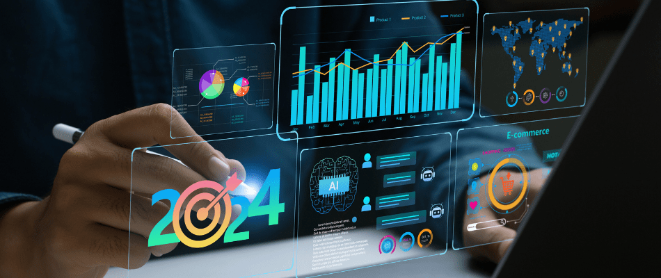 person assessing SEO metrics for ecommerce that are glowing and hovering in front of computer