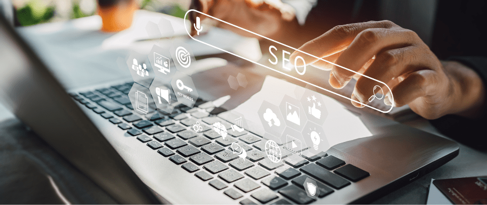 Person working with search engine optimization : SEO with social media content and advertisement from website.