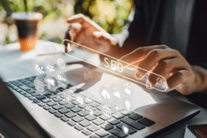 Person working with search engine optimization : SEO with social media content and advertisement from website.