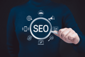 SEO Search Engine Optimization Concept. Businesswoman hold magnifying glass focusing on SEO, digital marketing icons, representing search engine optimization strategies. Target Market, Social Media,