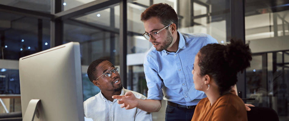 Marketing agency staff talking innovation, ideas and kpi vision on desktop