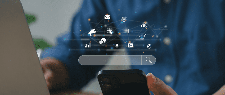 SEO Concept. Businessmen use smartphones with laptops. SEO icon for analysis