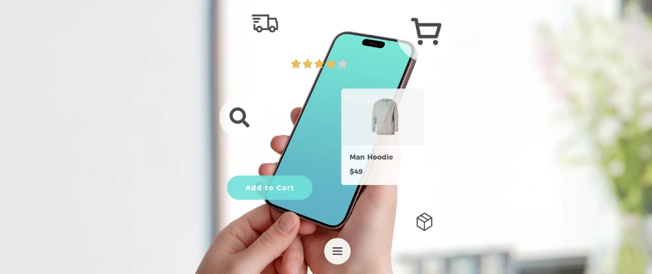 Online shopping app on smartphone, UI components hovering around, showing product, price, delivery, and package status, concept of modern eCommerce experience