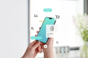 Online shopping app on smartphone, UI components hovering around, showing product, price, delivery, and package status, concept of modern eCommerce experience
