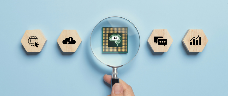 Artificial intelligence AI and machine learning concept.Hand-holding magnifying glass with AI chip inside and business icons on a wooden cube.modern innovation, Futuristic technology transformation.