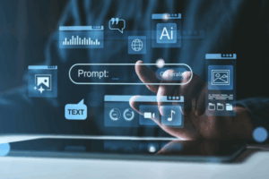 Hand interacting with a digital AI interface for prompt generation, featuring holographic UI elements, on a dark futuristic background, symbolizing technology