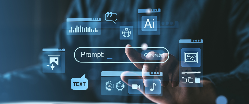 Hand interacting with a digital AI interface for prompt generation, featuring holographic UI elements, on a dark futuristic background, symbolizing technology