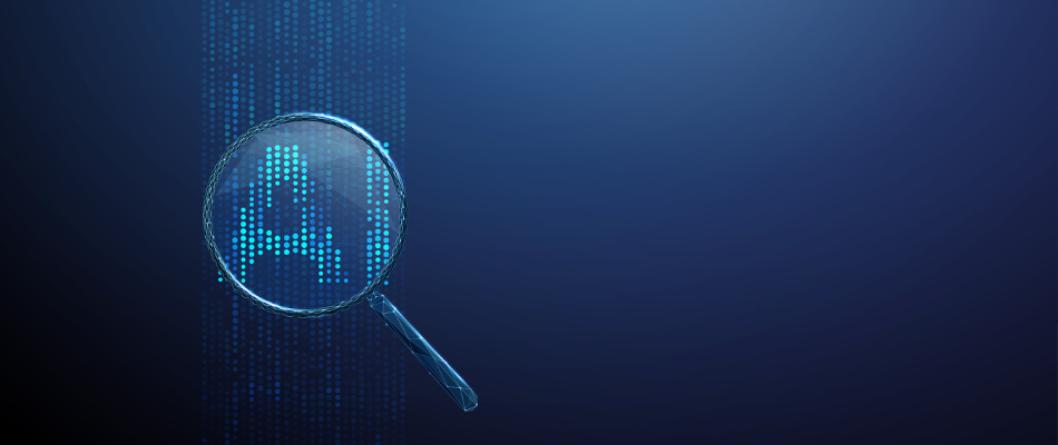 Vertical streams of digital dots and AI under a search magnifying glass. AI search concept. Ai visibility concept Blue futuristic background. Vector.