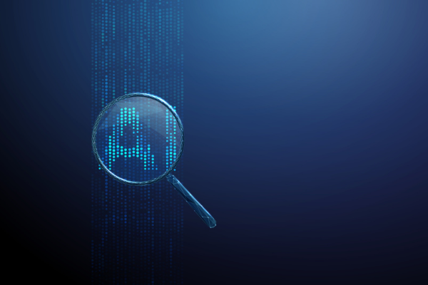 Vertical streams of digital dots and AI under a search magnifying glass. AI search concept. Ai visibility concept Blue futuristic background. Vector.