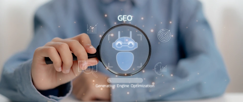 GEO Concept. Generative Engine Optimization for Online Marketing Strategy, icons representing AI, coding, modern online marketing, and advertising strategies. AI search,