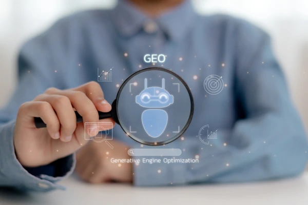 GEO Concept. Generative Engine Optimization for Online Marketing Strategy, icons representing AI, coding, modern online marketing, and advertising strategies. AI search,