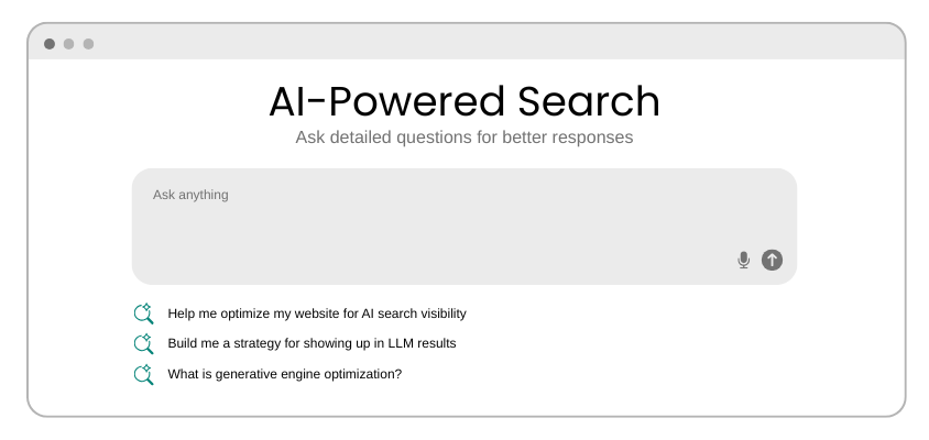 Website window with AI-powered search box and suggested questions