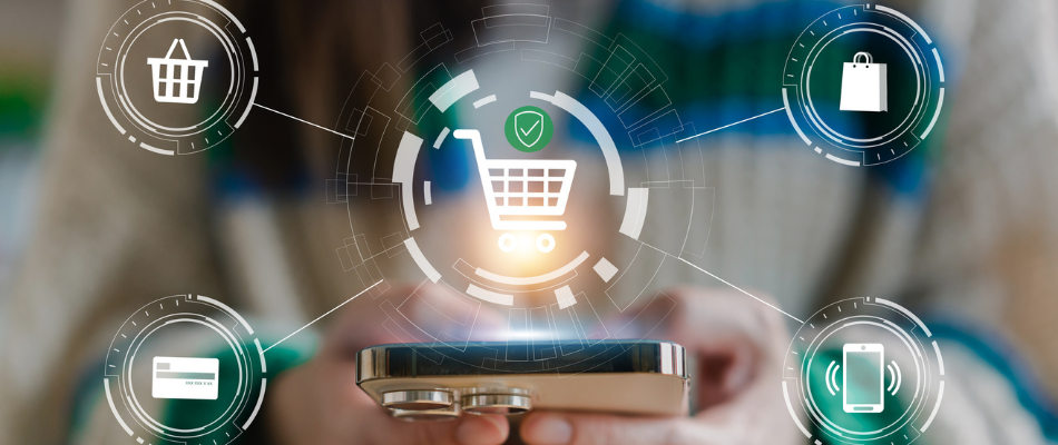 Hand holding tablet with product feed and shopping cart popping out of tablet