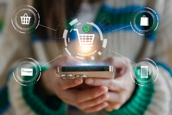 online shopper using a mobile device to add products to cart surrounded by ecommerce marketing infographics