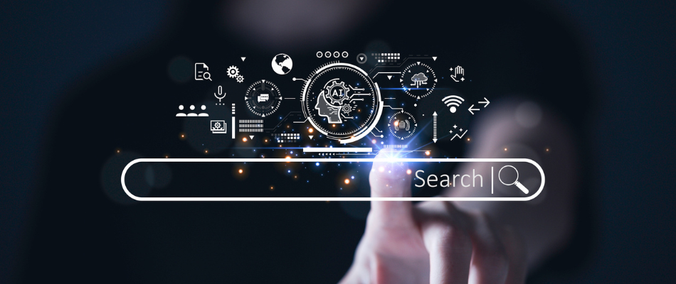 SEO Search Engine Optimization concept. The search bar shows SEO tools icons on your website with AI assistants, user analytics, content creation, and search algorithm improvements.