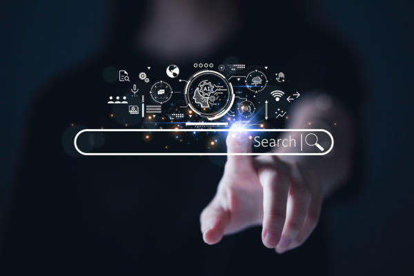 SEO Search Engine Optimization concept. The search bar shows SEO tools icons on your website with AI assistants, user analytics, content creation, and search algorithm improvements.