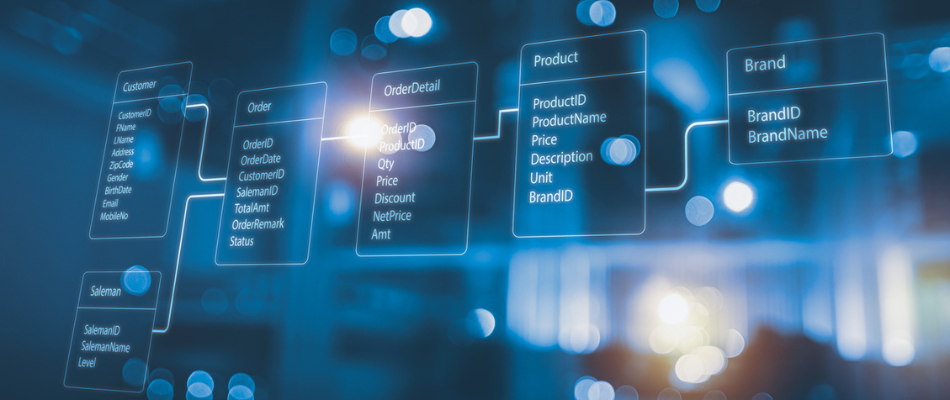 Relational database tables with server room and datacenter background. Concept of database diagram design