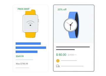 Close-up of Google Shopping search results highlighting product listing annotations for 'Price Drop,' 'Sale,' and 'Free Shipping' badges.