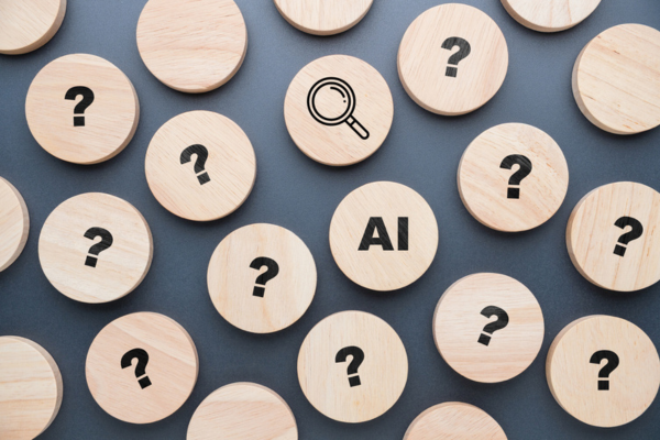 AI concept with magnifying glass and question mark symbols, searching, research, and knowledge about AI search