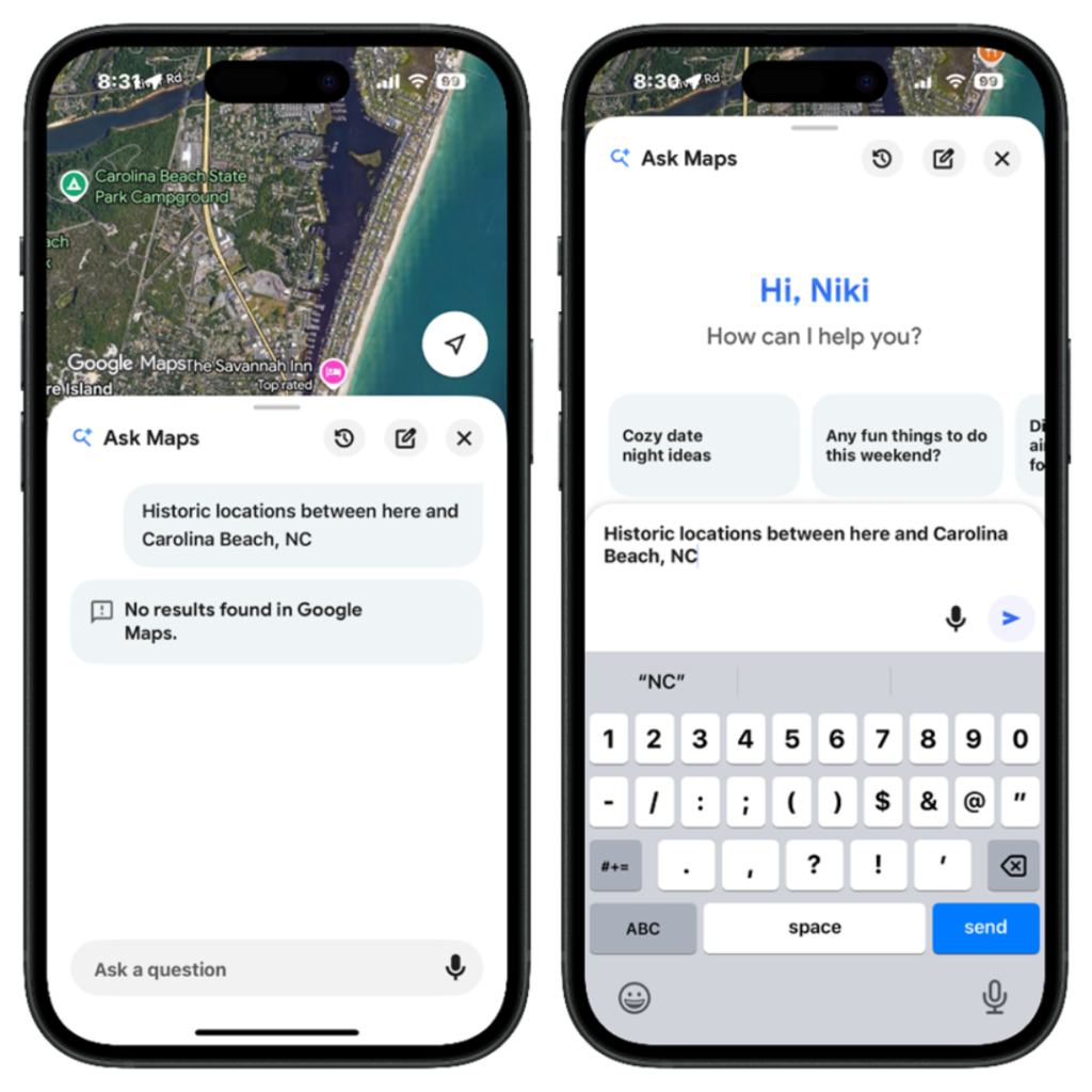 Screenshots of Google Maps mobile app interface showing new Ask Maps feature