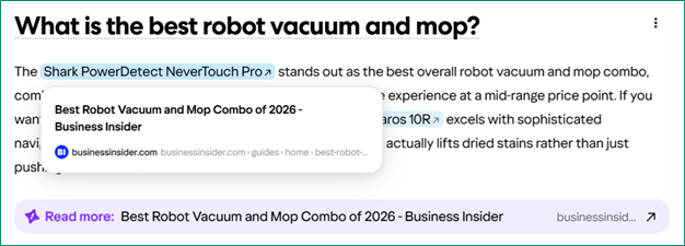 Yahoo Scout output displaying in-text and featured citations