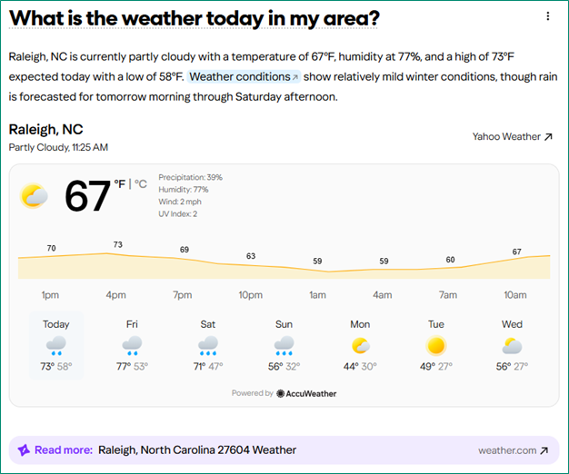 Yahoo Scout output displaying dynamic weather module