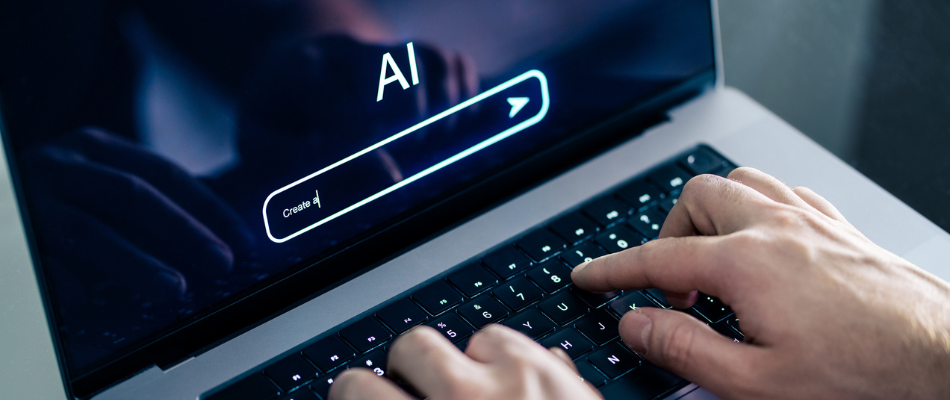 AI chat prompt. Artificial intelligence and digital technology. Man using chatbot with laptop at work