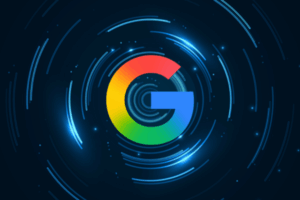 Abstract big data visualization. Blue light circles with sparks around the Google logo.